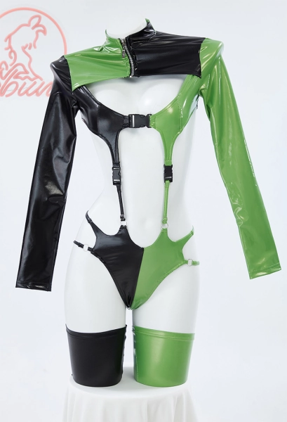 Shego Derivative Sexy Lingerie Set Green Menace Gothic Black and Green Buckle Top Panty with Stockings