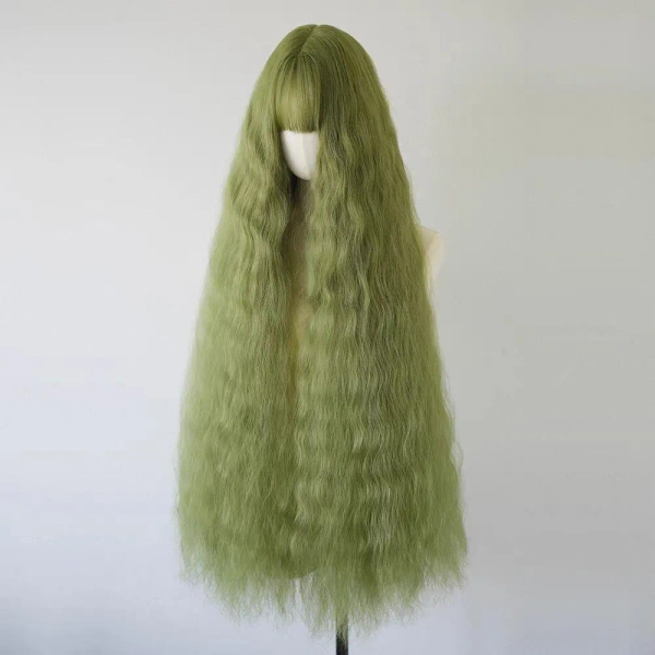 Cute Girls Forest Style Green Wig, Forest Elf Cosplay High Temperature Silk Wig, Green Extra Long 1m Wool Curls with Side Bangs