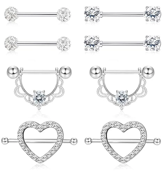CASSIECA 6 Pairs 14G Nipple Bars Nipple Bar for Women 316L Surgical Steel Nipple Jewellery Piercing Nipple Piercing Kit Tongue Bar Tongue Ring Heart Butterfly Dangly Barbells Body Piercing