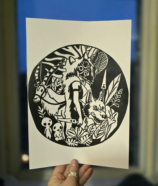 Studio Ghibli Print | Original Linoprint |  Princess Mononoke