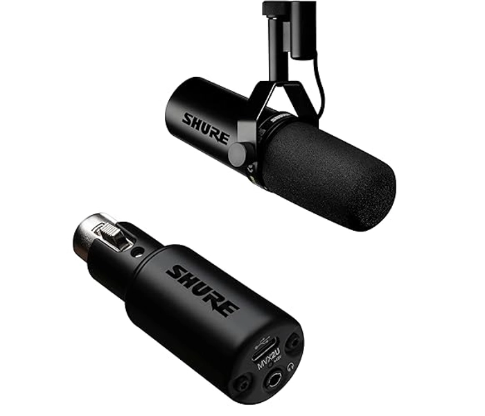 Shure SM7dB Dynamic Vocal Microphone w/Built-in Preamp for Streaming, Podcast, & Recording + Shure MVX2U XLR-to-USB Digital Interface with Headphone Jack, Integrated Pre-amp with 60dB Gain Control