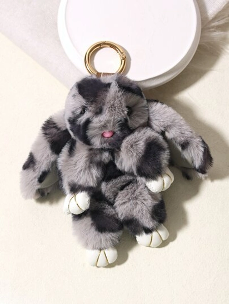 1pc Plush Leopard Print Bunny Faux Fur Ball Keychain Car Pendant Accessory