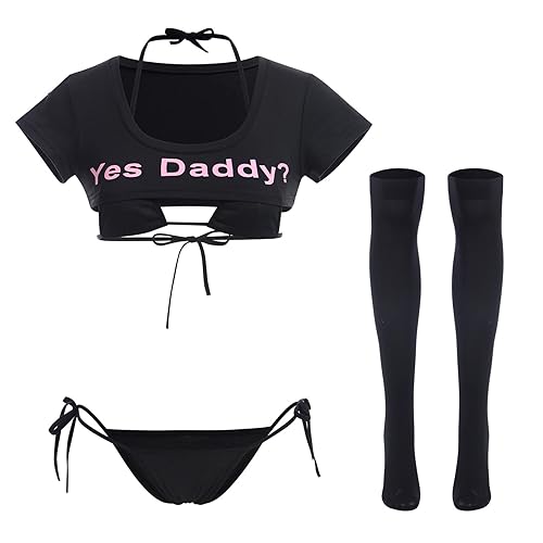Women Kawaii Anime Lingerie Set Halter Strap Micro Bra Tiny Panty Garter Belt Striped Stockings 4Pcs Underwear Outfit - One Size - Black - Yes Daddy