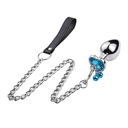 Stainless Steel Butt Plug Leash Chain Anal Plug Bells Pendant Prostate Massager Sex Toys for Women Men (Color : Blue-Heart Base, Size : M) - M - Blue-heart Base