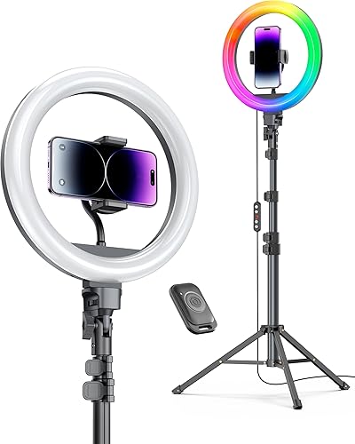 Weilisi 12'' Ring Light with Stand 72'' Tall & 2 Phone Holders,38 Color Modes Selfie LED Ring Light with Tripod Stand for iPhone/Android,Big Ring Light for Camera,YouTube,Makeup - 12'' Color