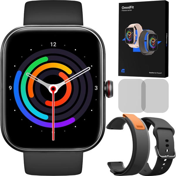 Ceas smartwatch, Qualtec by Koppel®, inteligent, fitness, sport, rezistent apa, functie smart numarat pasi, unisex, notificari, ecran 1.91", wireless, apelare Bluetooth 5.3, microfon HD, monitorizare somn, limba romana, 2 bratari incluse, OmniFit, negru