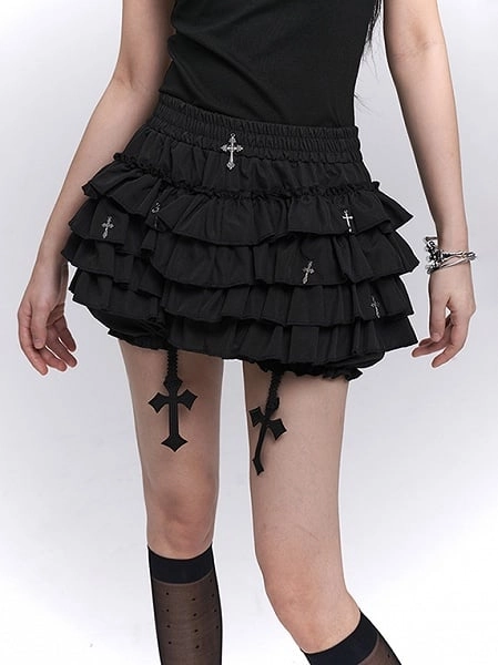 [$33.00]Gothic Schwarzes Kreuz Charms Mini Stufenrock Pumphose Futter