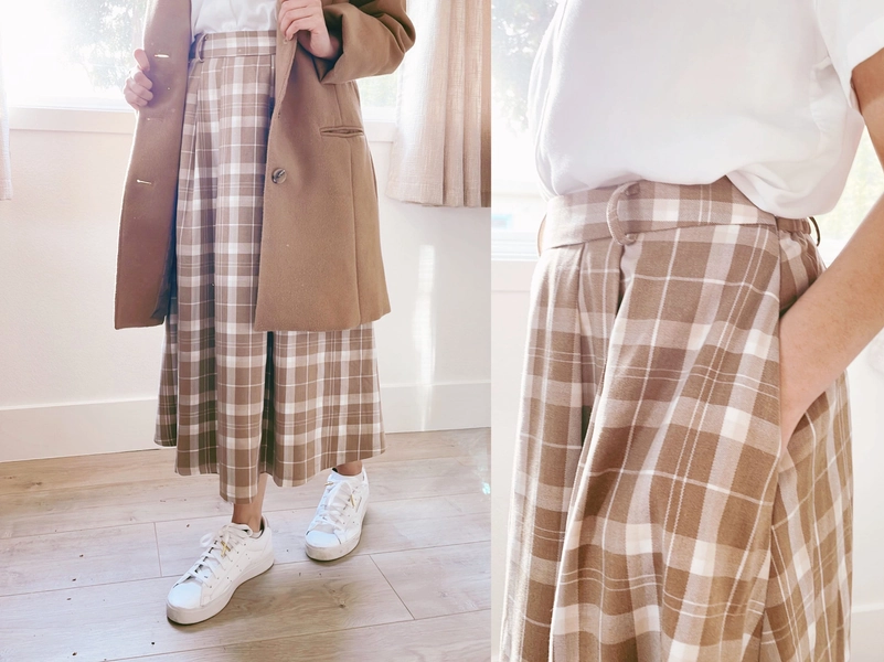 Milk Tea Plaid - Midi Skirt with Pockets  ( Women Sizes XS - 2XL) Stretchy with Inner Lining Fabric