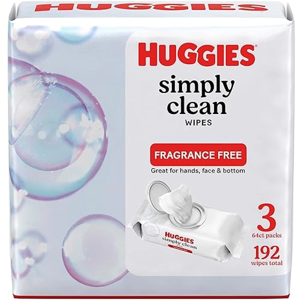 Huggies Simply Clean Unscented Wipes, 3 Flip-Top Packs (192 Wipes Total)