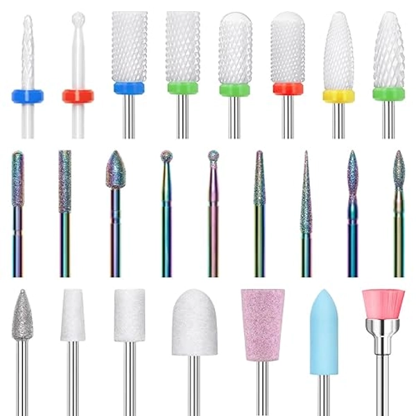 Modelones 24 Pcs Nail Drill Bit Set, 3/32” Ceramic Diamond Carbide Nail Drill Bits, Acrylic Gel Nail Bit Kit, Cuticle Remover Bits for Acrylic Gel Dip Powder Nail Manicure Pedicure