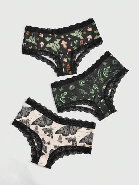 ROMWE Fairycore 3-delige set van contrasterende kanten panty's met paddestoelprint