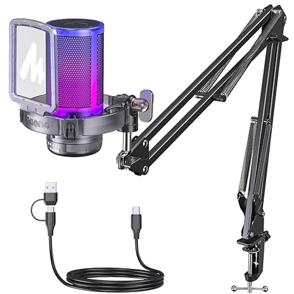 MAONO Gaming Microphone with Noise Cancellation, USB Condenser RGB Mic for Streaming, Podcasts, Twitch, YouTube, Discord, Plug and Play for PC, Computer, Mac, PS4, PS5, DGM20S Black Crystal