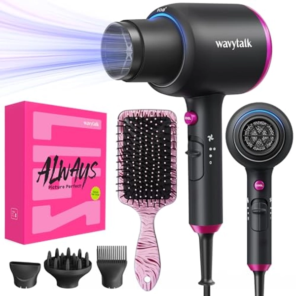 Wavytalk Professional Hair Dryer with Diffuser, Hair Dryer for Women with 4 Attachments 1875W Ionic Blow Dryer, Hair Dryer with Ceramic Technology Fasting Drying Light and Quiet, Black