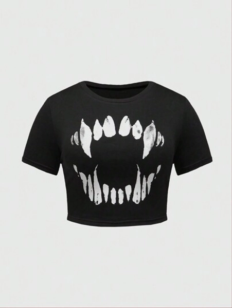 ROMWE Goth Plus Size Summer Casual Slim Fit Cropped Tee With Tooth Print, School