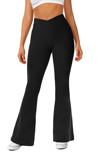 Navneet Women Flared Leggings Flare Trousers High Waisted Yoga Pants with Pockets Crossover Leggings Workout Going Out - M - C1 Black Hidden Pocket