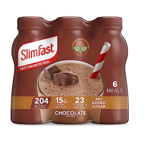 SlimFast Ready To Drink Shake, Tasty, Balanced Shake with Vitamins and Minerals, No Sugar, Chocolate Flavour, 6 x 325 ml Multipack, Packaging May Vary - Chocolate