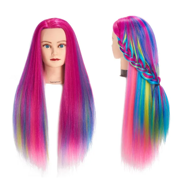 26"-28" Mannequin Head Hair Styling Training Head Manikin Cosmetology Doll Head Synthetic Fiber Hair Hairdressing training model with free clamp (Colorful) (6RB1711W0320)