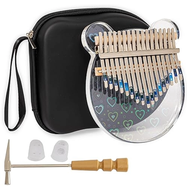 Cute Bear Kalimba Thumb Piano 17 Keys Crystal Acrylic Finger Piano with 3D Hearts Portable Mbira Musical Instruments Christmas Gift with Tune Hammer & Study Instruction for Adults Beginners