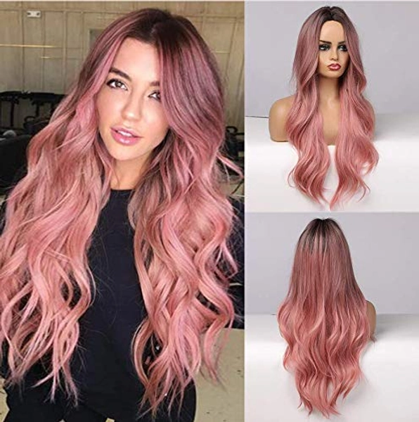 JOOLER Pink Wigs For Women Wig Ombre Long Natural Hair Color Middle Part 24 Inch Heat Resistant (PINK)…