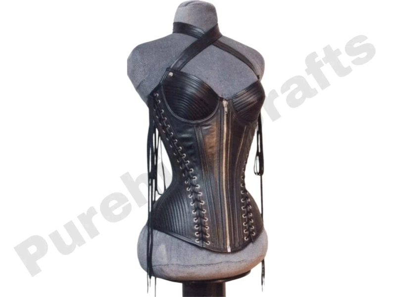 Corset overbust en cuir de mouton désossé en acier pour femmes : tour de taille, forme de sablier