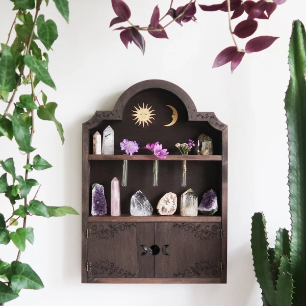Coppermoon Sun and Moon Apothecary Cabinet-Goth décor, Crystal Shelf, Witchy Décor, Apothecary shelf, Witchy Gifts, Alter Shelf, Spice Rack