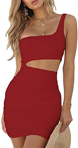 Zesoyne Womens Sexy 1 Shoulder Sleeveless Ruched Club Dress Bodycon Cut Out Mini Dress - XS - Red