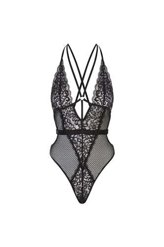 Ann Summers - The Obsession Crotchless Teddy One Piece Lace Bodysuit, Sexy Underwear for Women, Crotchless Lingerie Body with Cutout Detail & Thong Underwear - Black - S