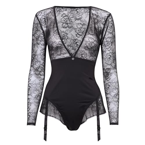 Lovehoney Lingerie Hourglass Black Sheer Floral Mesh Smoothing Long Sleeve Body - 6-8