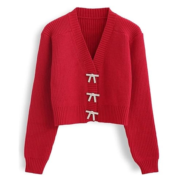 CHICWISH Women Crop Cardigan Sweaters Bowknot Brooch Button Knit Cardigans Open Front Long Sleeves Sweater Tops