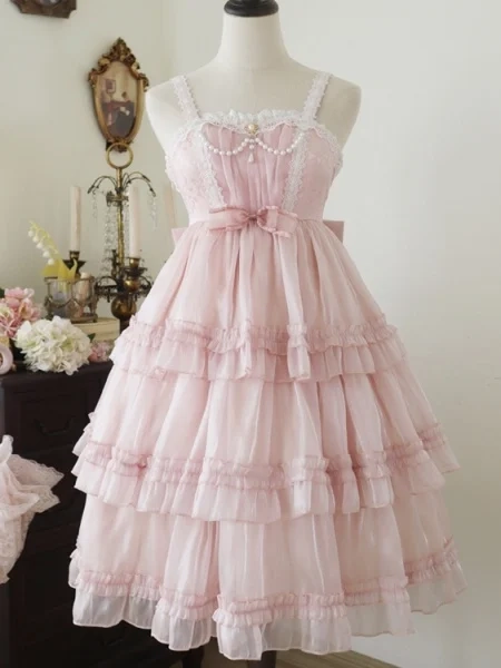 [$51.00]Pink Tiered Ruffle Skirt High Waist Jumper Skirt