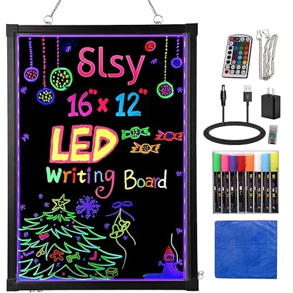 Slsy Illuminated LED Message Writing Board, 16"X12" Erasable Neon Effect Menu Sign Board with 8 Fluorescent Makers, 26 Flashing Modes Light Up Board