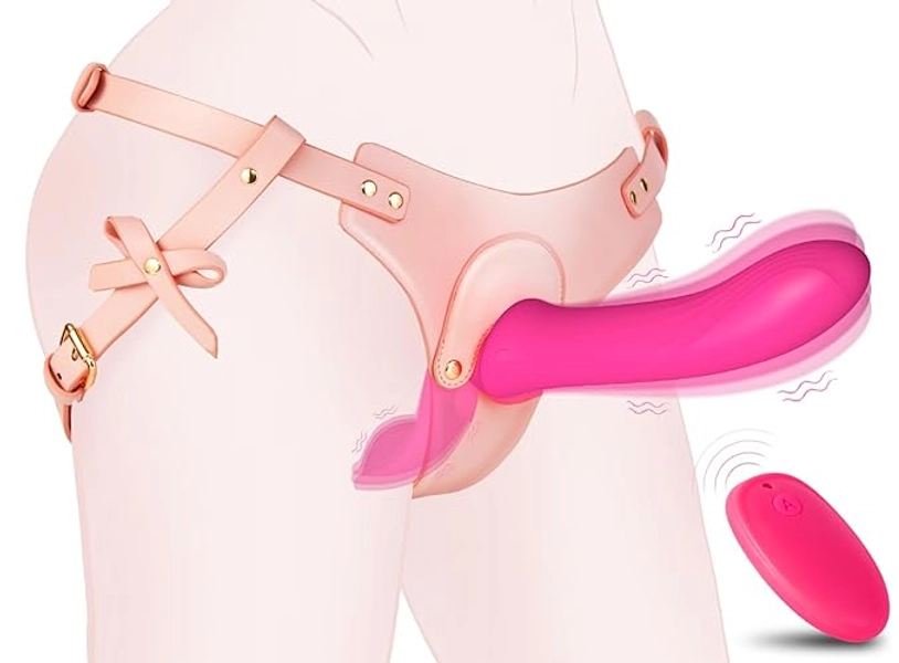Strap-On Vibrating Dildo Sex Toys - Wearable Harness Strap-On Dildo with 10 Powerful Vibration & G Spot Clitoral Stimulation | Adult Toy & Games for Female Couple and Lesbian Pleasure | Remote Control