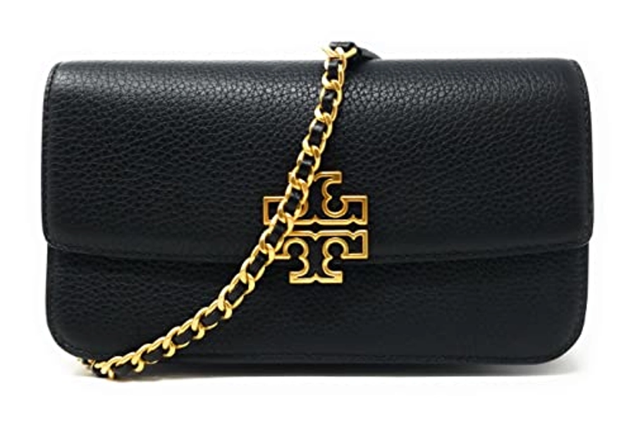 Tory Burch Women's Britten Chain Wallet with Wristlet (Pebbled Leather, Black)