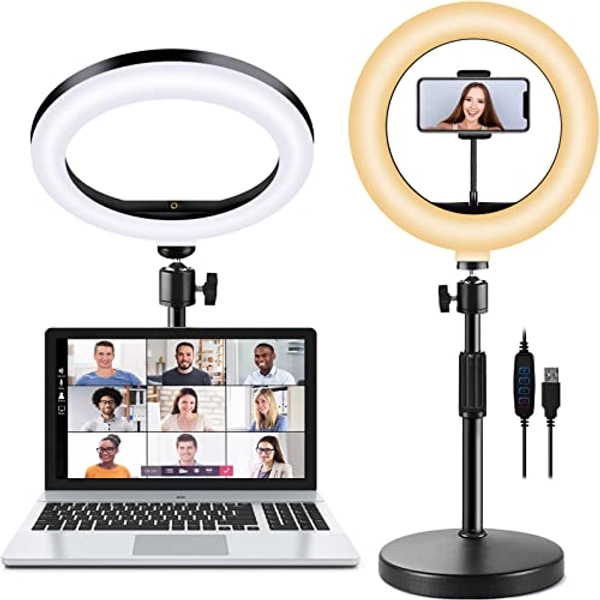 Selfie Ring Light with Stand and Phone Holder, 10'' Dimmable Desktop LED Circle Light for Laptop,Computer, Lighting Kit Gifts for Live Streaming/Laptop Video Conference/Chat/Makeup/YouTube/Tiktok/Vlog