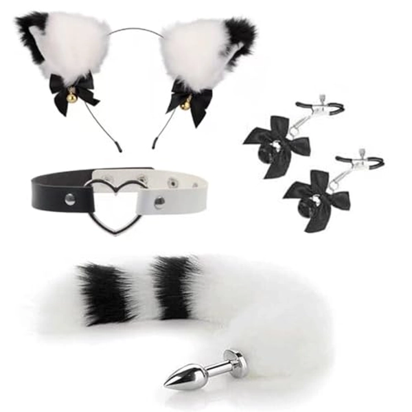 Anal Plugs Butt Plug Tail Plug Butt Plug with Tail Fox Tail Plug,Stainless Steel Anal Butt Plug with Faux Fox Tail and Ear-Anal Stopper Tail Sex Toy for SM Adult Couples Games or Cosplay