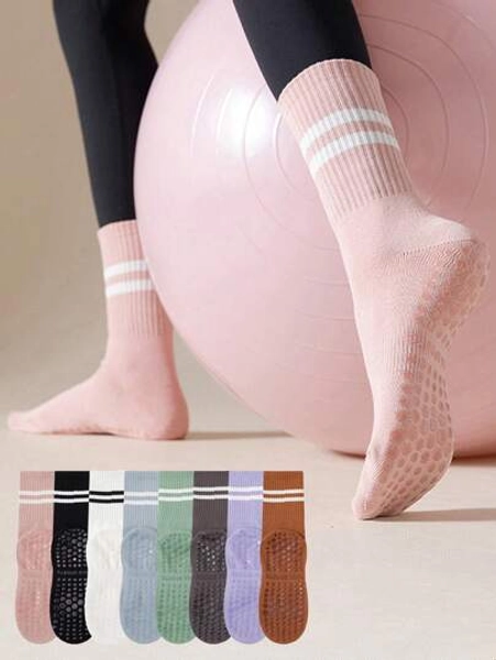 1/4/6 Pairs Women Striped Yoga Sports Socks, Spring/Summer Silicone Non-Slip Fitness Indoor Sports Mid-Calf Socks, Fall