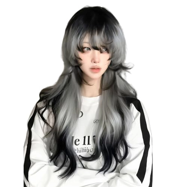 huafan luxkazya Black white Gradient Long Wavy Wig for Women Lolita Wig Long Curly Wigs with Bangs Synthetic Wig Halloween Party