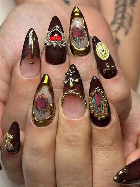 24PCS Vintage Baroque Relief Style Nails, Transparent Ice Velvet & Rose Decor, Heart Shaped 3D Rhinestone Decoration, Lily Flower Decoration, Medieval Frescoes Heart And Sword Medium Long Almond Shape Personalized Gorgeous Elegant And Graceful, Great For Festivals, Beach Parties, Holidays, Masquerade, Cosplay Press On Nails Nail Supplies