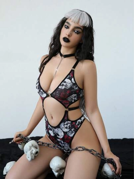 SHEIN AltCore 1pc Exotic-Goth Women Sexy Rose Skull Print Hollow Chain Choker Bodysuit