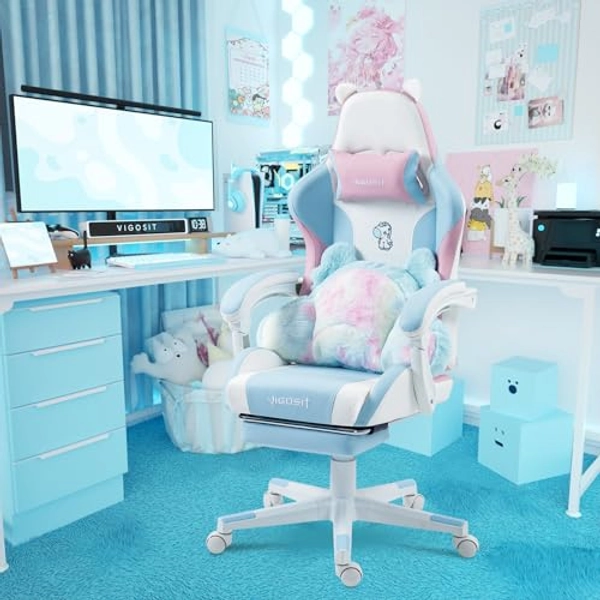 Vigosit Cute Gaming Chair with Lumbar Cushion and Decorated Ears, Ergonomic Computer Chair with Footrest, Reclining PC Game Chair for Girl, Teen, Blue Pink