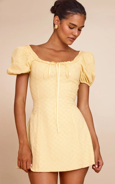 Yellow Broderie Puff Sleeve A-line Mini Dress