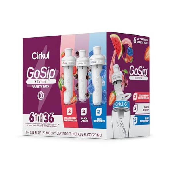 Cirkul GoSip Flavor Cartridge Variety Pack with Caffeine, 6-Pack (2 Blue Raspberry, 2 Black Cherry, 2 Strawberry Watermelon)