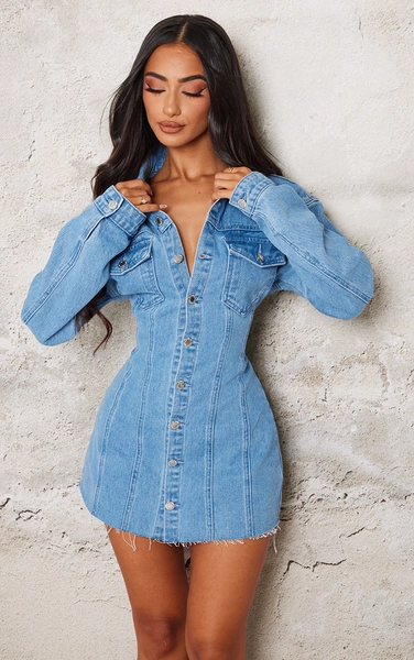 Petite Blue Denim Long Sleeve Fitted Mini Dress
