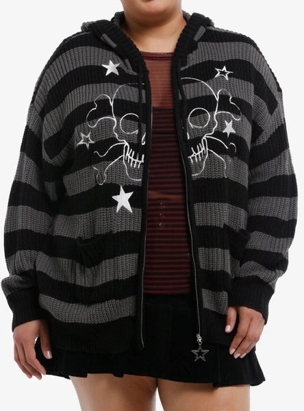 Black & Grey Stripe Skull Girls Knit Hoodie Plus Size