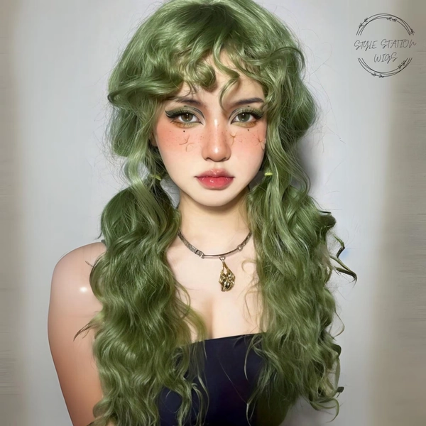 Green Wig, Long Wig, Curly Wig, Wig With Bangs, Green Wig, Wavy Green Wigs, Green Wig, Long Curly Wig With Bangs, Green Wig, Women Gifts
