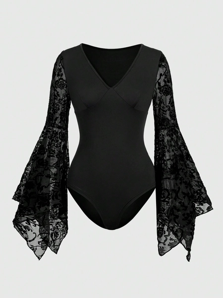 ROMWE Fairycore Body Patchwork In Pizzo Con Maniche Svasate Con Scollo A V Nero Da Donna