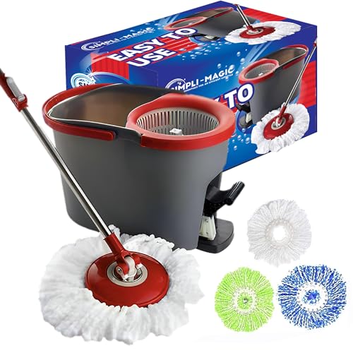 SIMPLI-MAGIC 79349 Spin Mop Cleaning System with 3 Microfiber Mop Heads, Red/GRAY,Red/Black - Red/Black