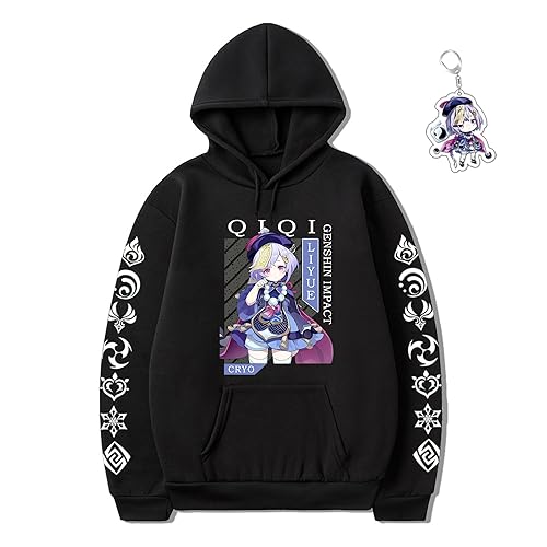 Genshin Impact Hoodie Sweatshirt Black Sweater Men Women Girls Unisex Hu Tao Xiao Keqing, Free Keychain - X-Large - Black-qiqi