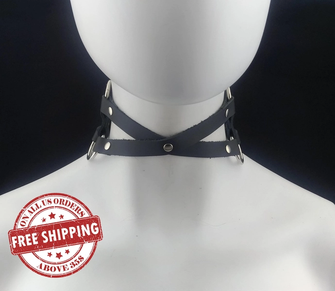 Choker Genuine Leather - Black Leather X Cross Choker with Silver O Ring