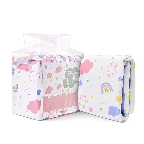 Landofgenie Adult Diapers Women Diapers Printed Diapers with Tabs 10 Pieces - Rainbow Bunny (Large 36"- 46")